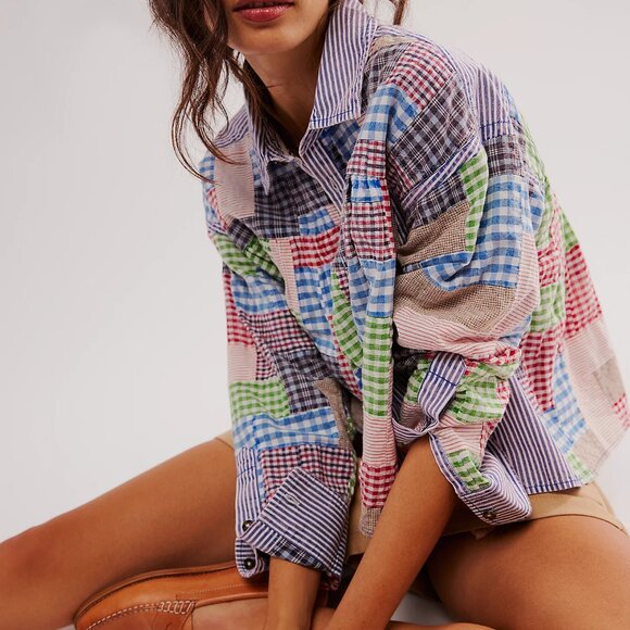 095 Free People We The Free Hand-Patched Quilted Babydoll Top NWOT Size Small - Picture 3 of 8